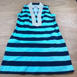 STS Sail to Sable Teal Navy Striped Shift Dress Sleeveless Collared Size L